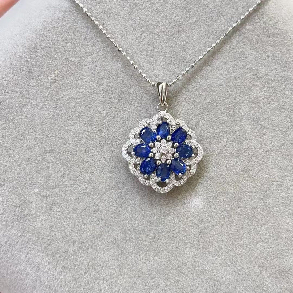 Elegant Light Luxury Natural Burned Sapphire Pendant Women's Flower Shape Diamond S925 Silver Pendant