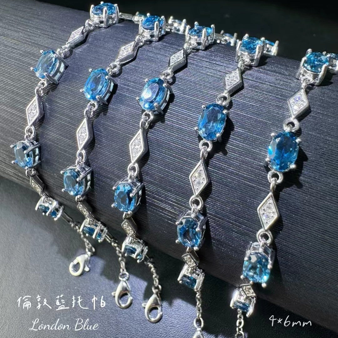 925 Silver Inlaid Main Stone 4*6mm Blue Topaz Bracelet