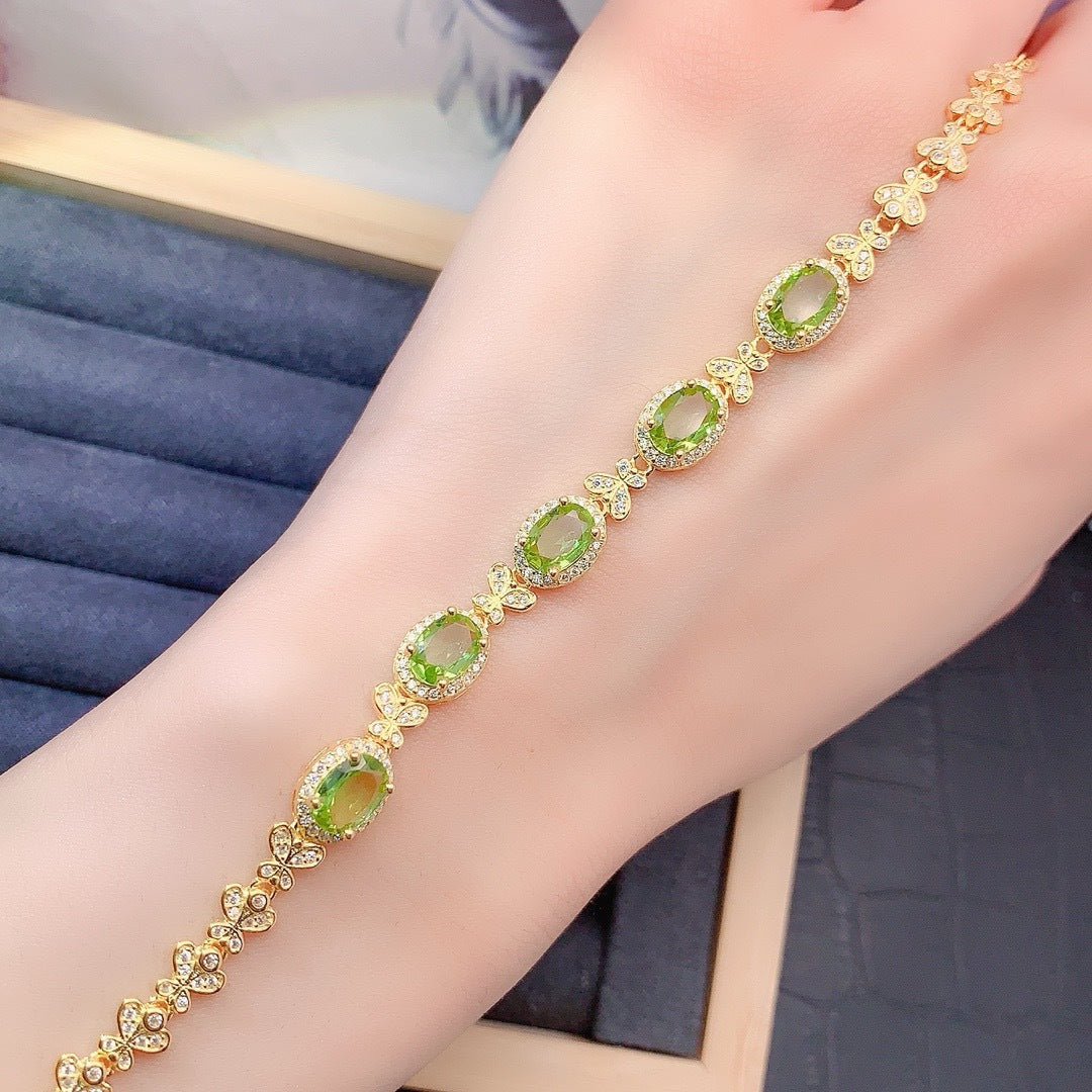 S925 Sterling Silver Fashion Niche Design Oval 5*7mm Natural Peridot Bracelet