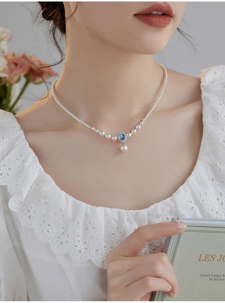 Natural Australian White Jellyfish Shell Pearl Necklace for Women with Aquamarine Gradient Elegant Collarbone Chain