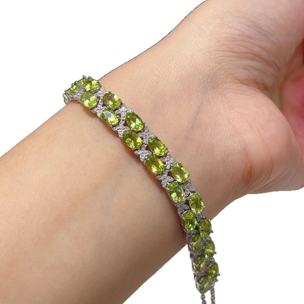 Fashion Luxurious Inlaid Diamond Design High-End Niche S925 Silver Inlaid Natural Gemstone Peridot Bracelet