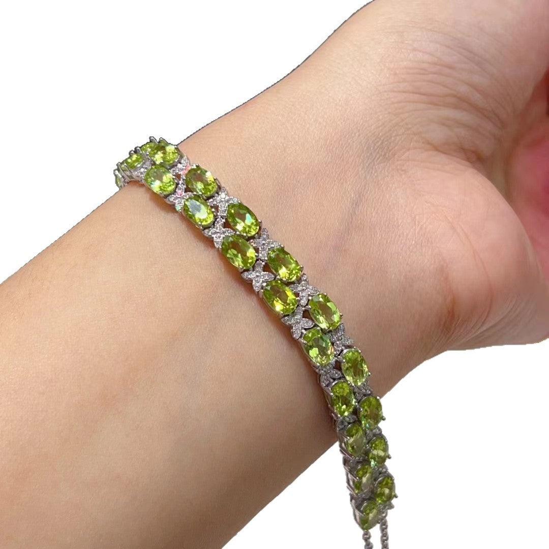 Fashion Luxurious Inlaid Diamond Design High-End Niche S925 Silver Inlaid Natural Gemstone Peridot Bracelet