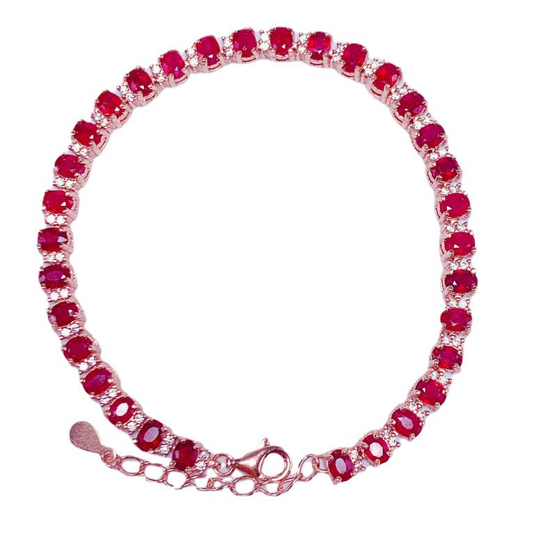 S925 Silver Plated Rose Gold Inlaid 3*4mm Natural Pigeon Blood Ruby Bracelet