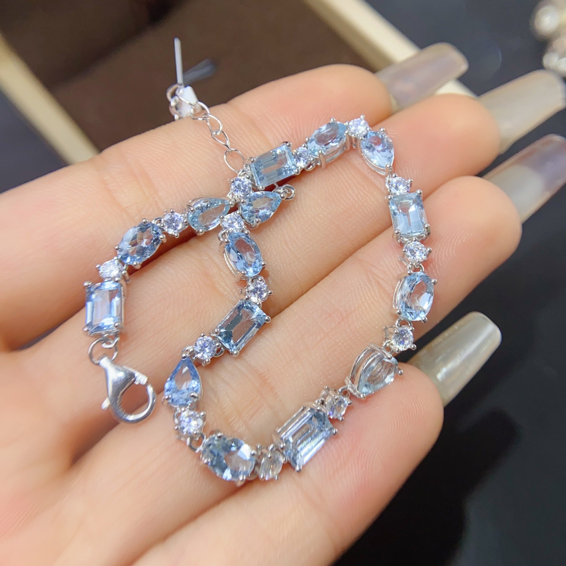 925 Silver 6*4 4*5mm Crystal Fresh Natural Aquamarine Bracelet