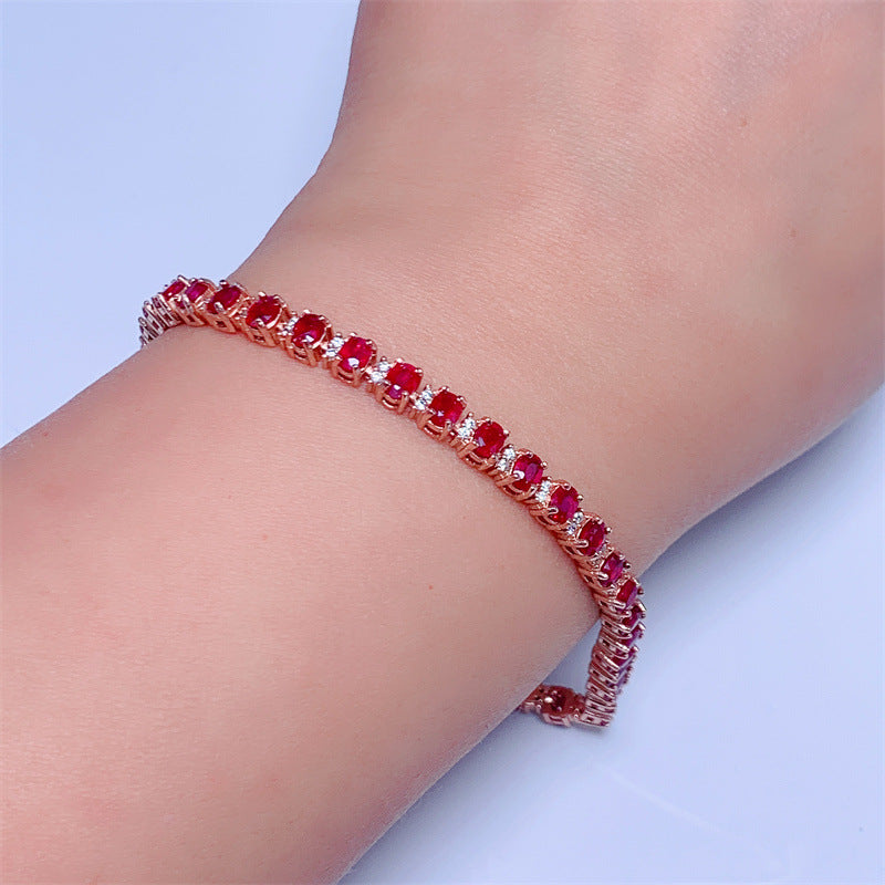 S925 Silver Plated Rose Gold Inlaid 3*4mm Natural Pigeon Blood Ruby Bracelet