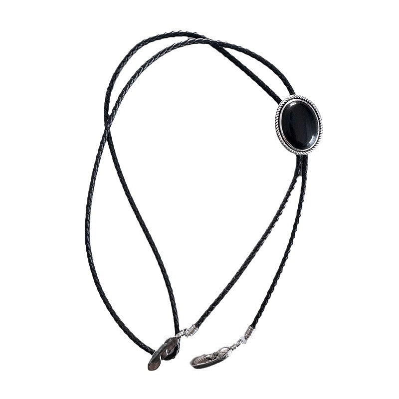 <Obsidian> Original S999 Sterling Silver Inlaid Natural Obsidian Bolo Tie