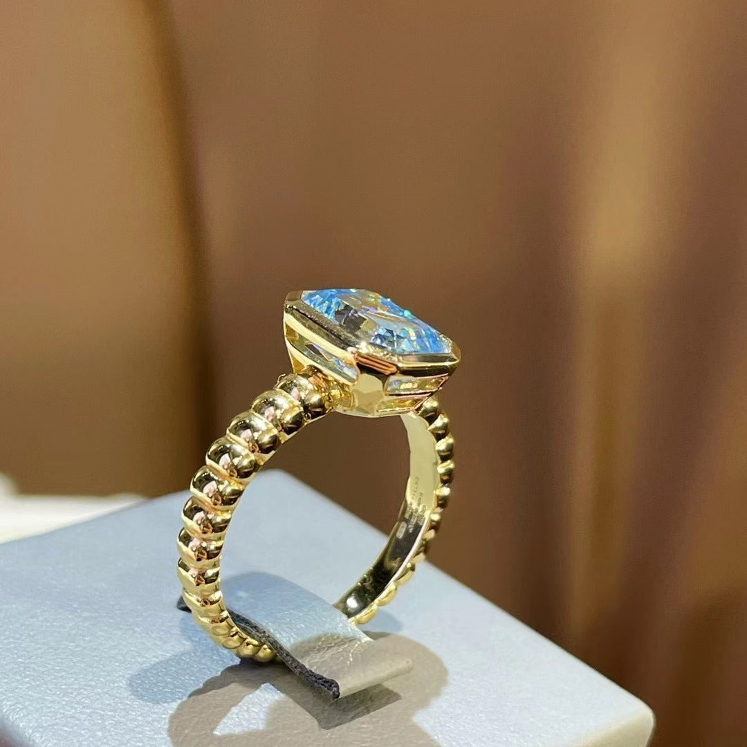 925 Silver Gold Plated High Carbon Diamond Asscher Aquamarine T Square Ring