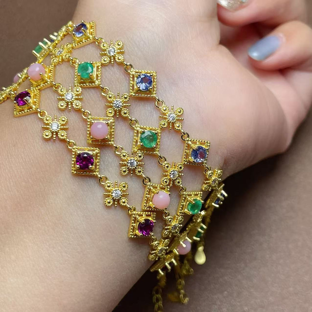 Vintage 925 Silver Inlaid with Emerald Tanzanite Pink Opal Natural Gemstone Multi-Gem Bracelet
