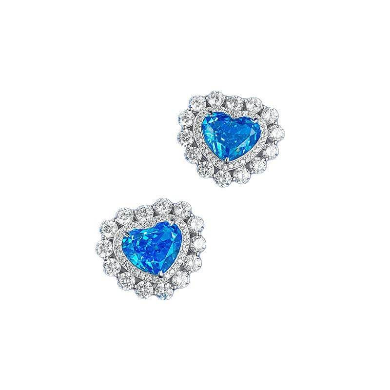 S925 Silver Full Inlaid Heart 9*11 Aquamarine High Carbon Diamond Ice Flower Heart-shaped Earrings
