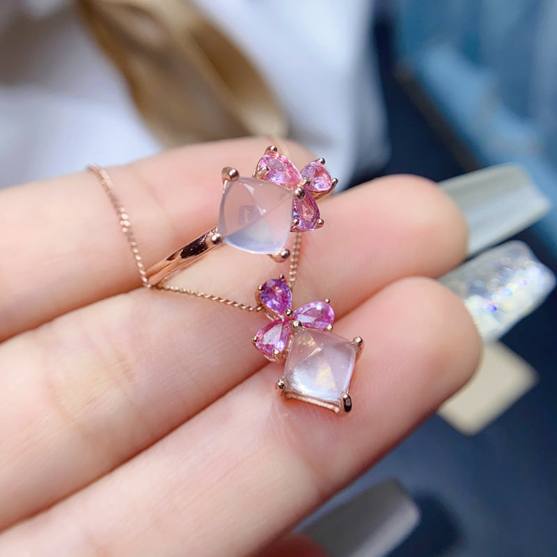 Hibiscus Stone Ring Pendant Set High-Quality Rose Quartz Gemstone Set