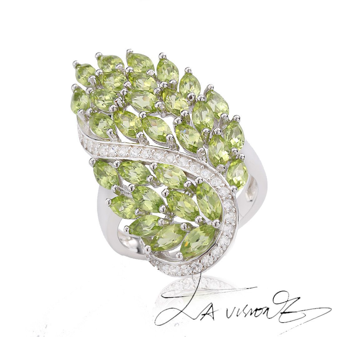 925 Silver Inlaid Natural Peridot Synthetic White Sapphire Ring