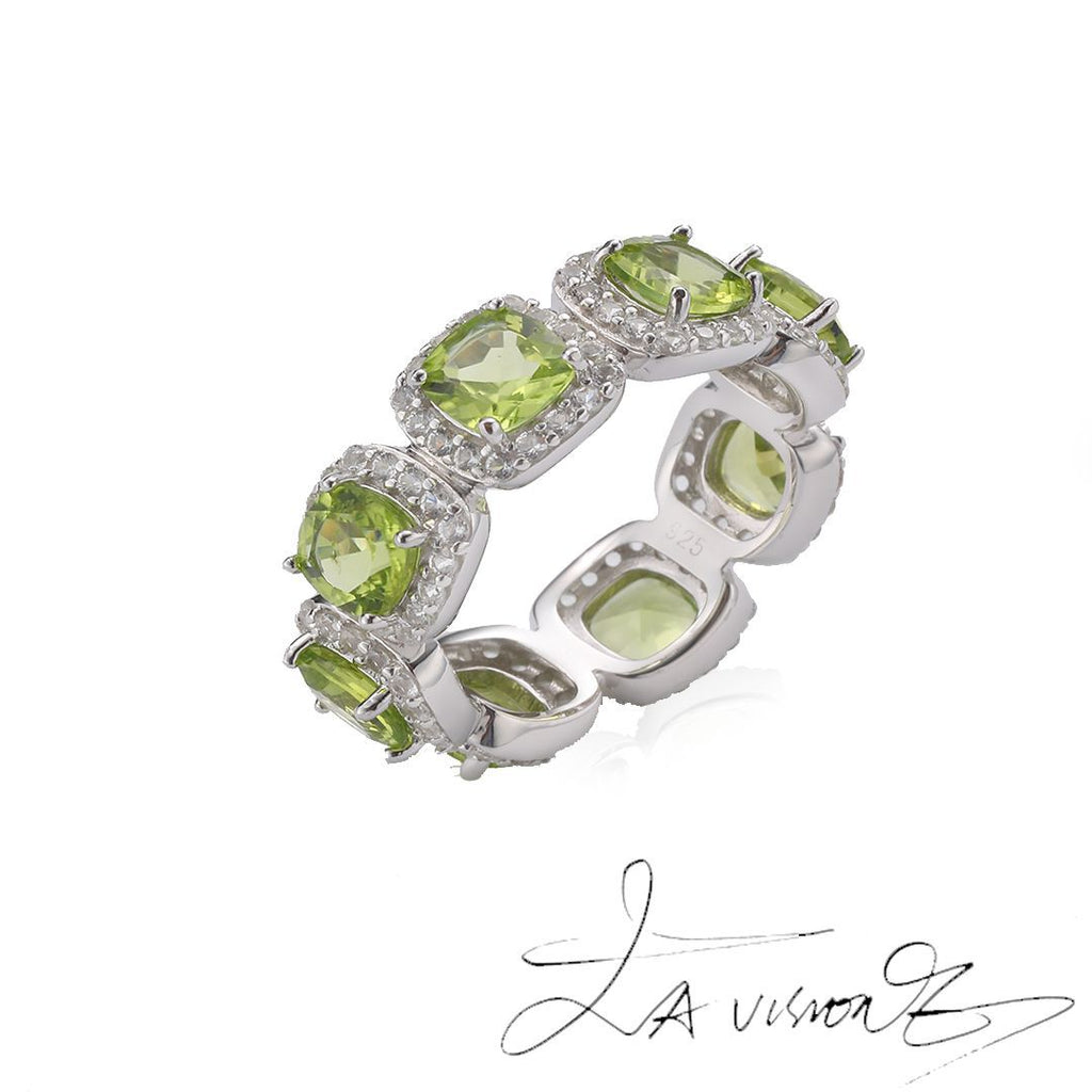925 Silver Inlaid Natural Peridot Synthetic White Sapphire Ring