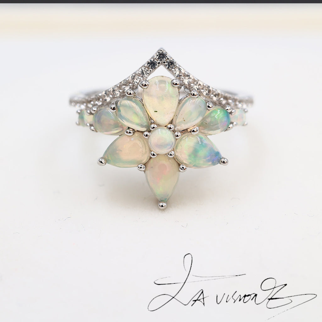 S925 Silver Inlaid Natural Opal Vintage Jewelry Synthetic White Sapphire Ring