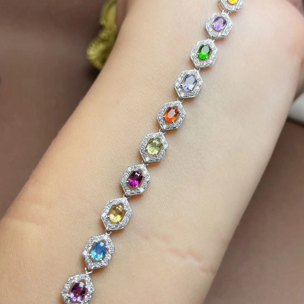 S925 Silver Inlaid Natural Crystal Topaz Garnet Women's Oval 3*4mm Bracelet