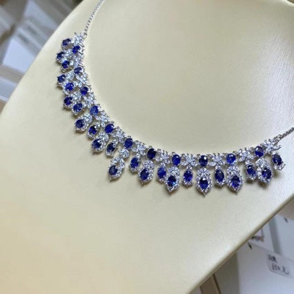 S925 Silver Inlaid One-piece Chain Main Stone 4x6mm Sapphire Elegant Necklace