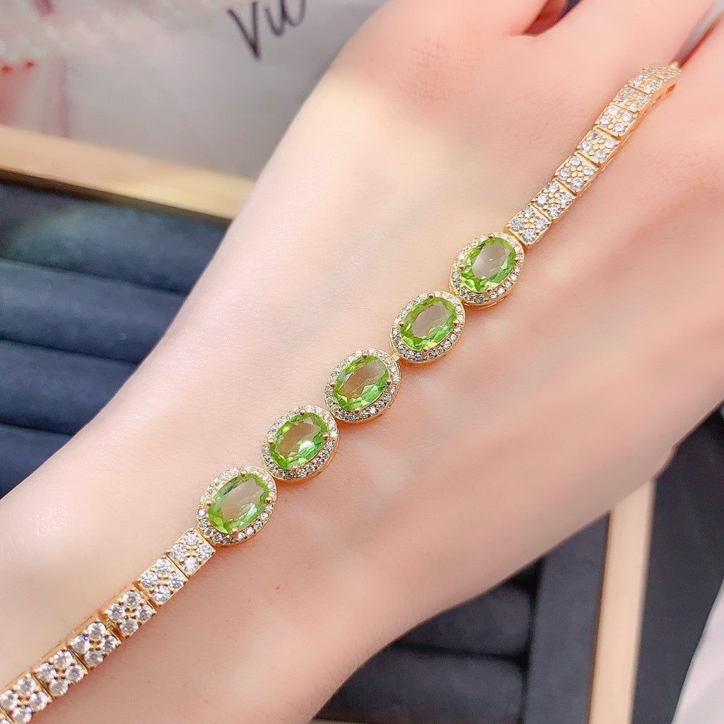 S925 sterling silver natural olivine bracelet fashion niche design oval 5*7mm bracelet
