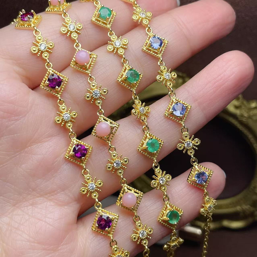 Vintage 925 Silver Inlaid with Emerald Tanzanite Pink Opal Natural Gemstone Multi-Gem Bracelet