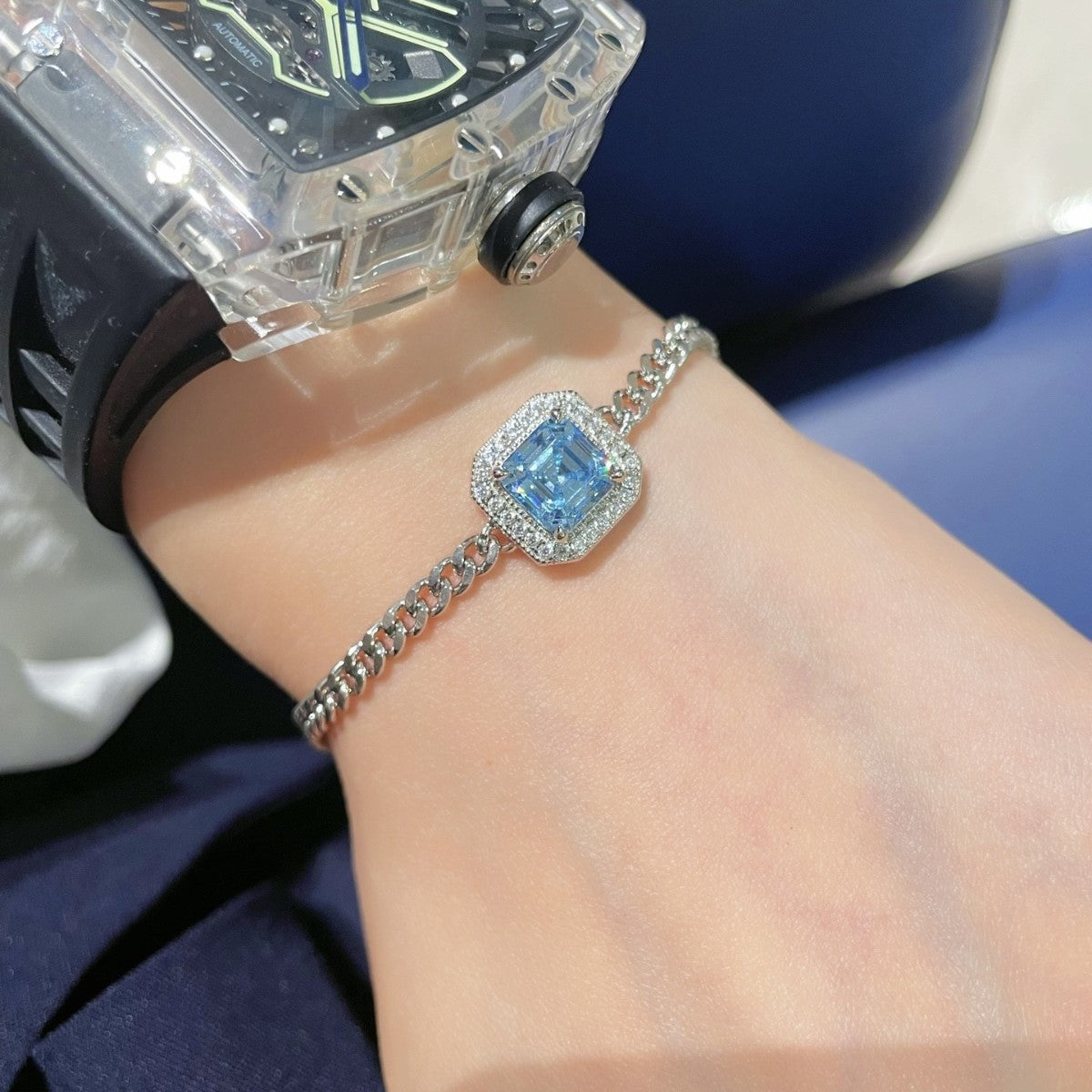 S925 Silver Electroplated 18K Gold Sugar Cube Sparkling Diamond Aquamarine Simple Bracelet