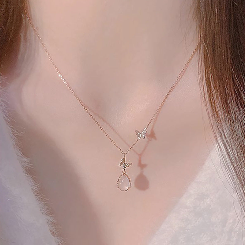 Light Luxury Daytime Collection Pink Crystal Pendant Sterling Silver Butterfly Necklace for Women Attracting Love Clavicle Chain