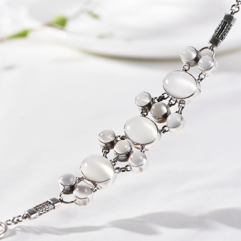 S925 Silver Jewelry Bracelet Vintage Distressed Inlaid with Egg White Agate Moonstone Fashion Women's Bracelet