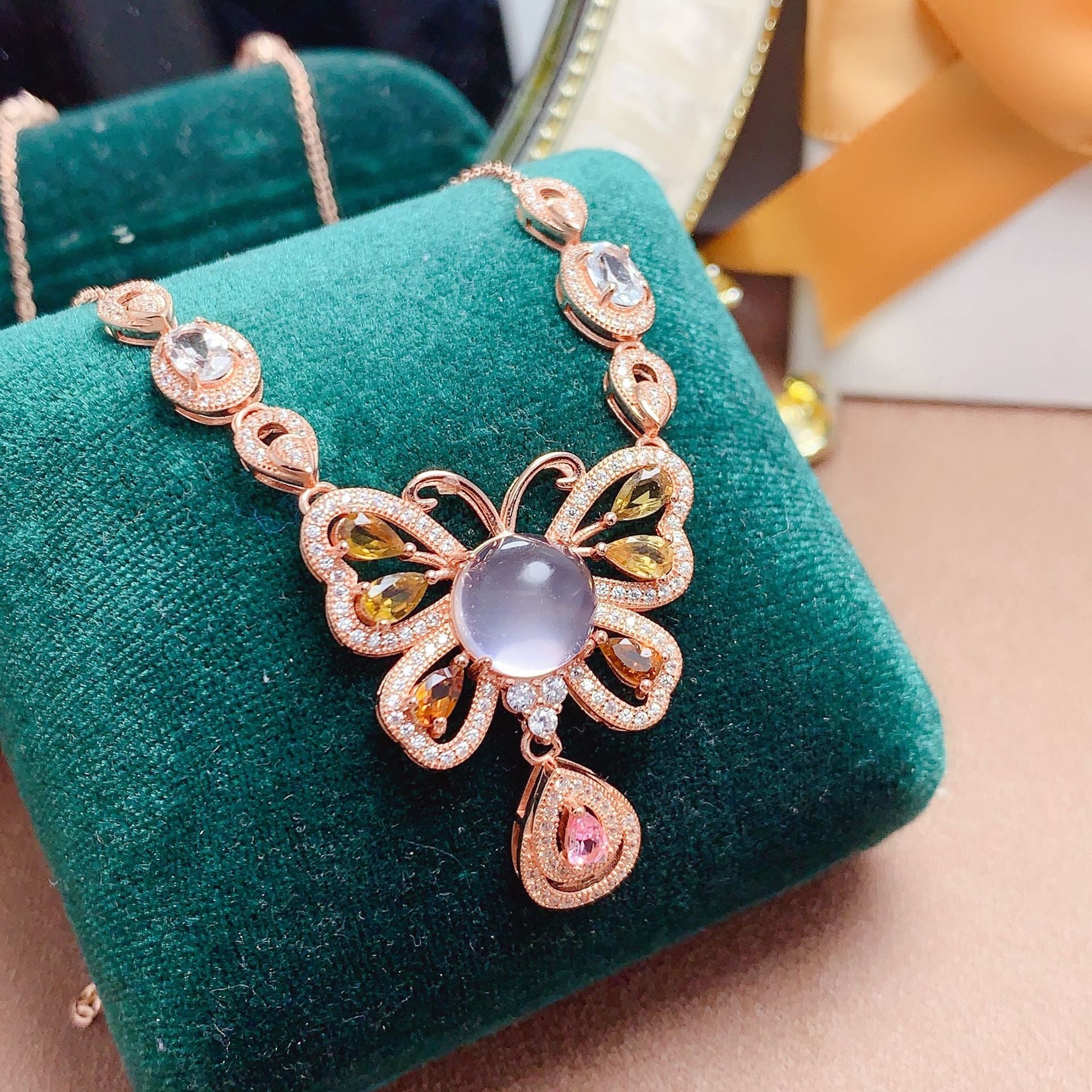 Clavicle Chain Gemstone Jewelry 925 Silver Inlaid with Natural Rose Quartz Tourmaline Aquamarine Engagement Date Necklace