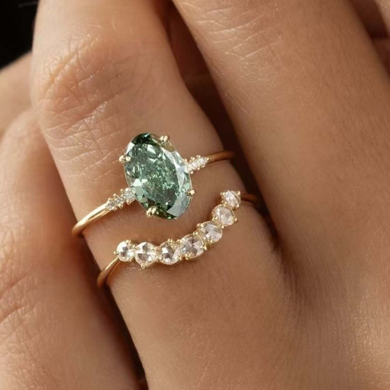S925 Silver Set Ring Green Main Stone Moissanite Ring Stacking Ring Independent Hot Selling Ring Wholesale