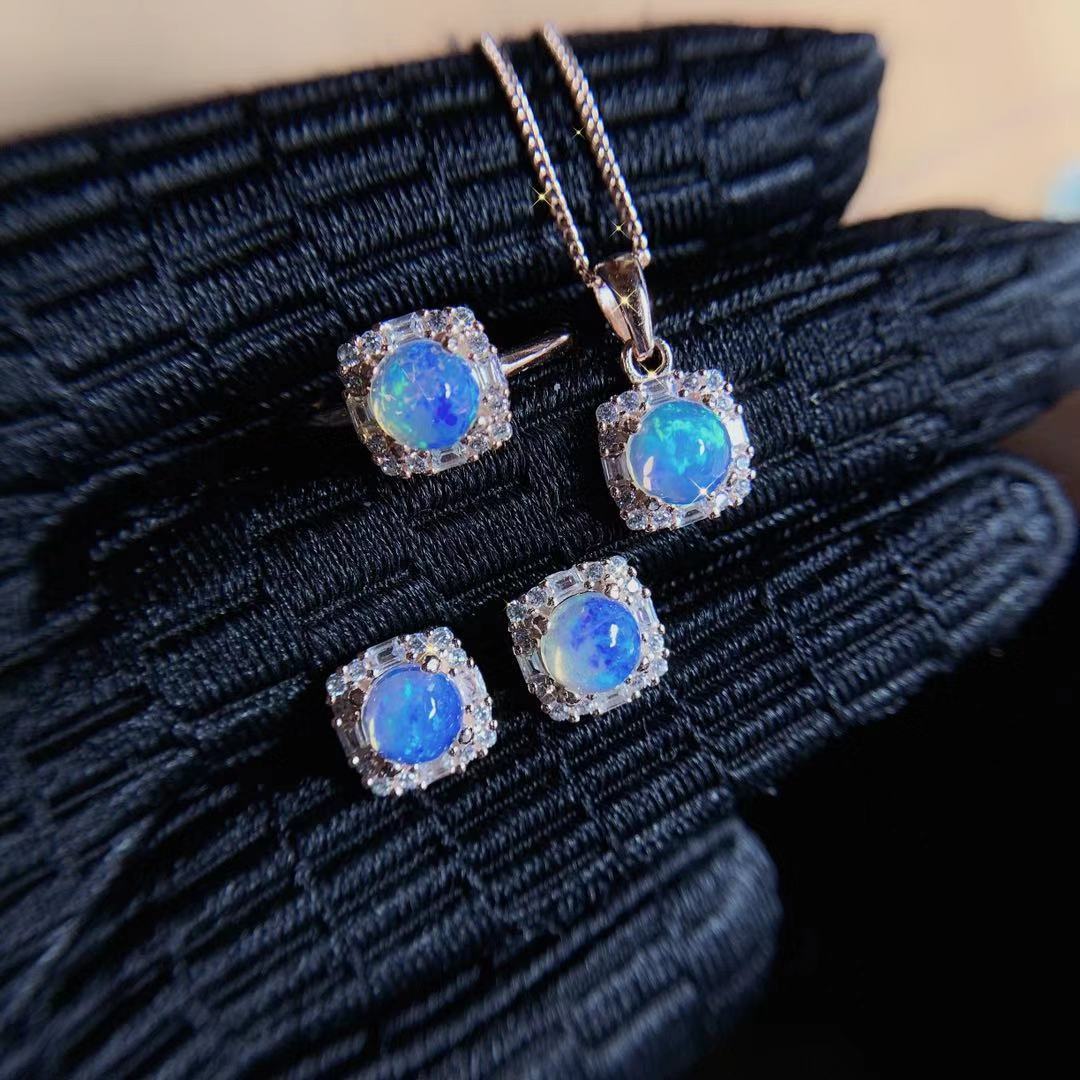 Natural Opal Set 925 Silver Inlaid Pendant Ring Jewelry for Women Gift for Girlfriend Live Supply