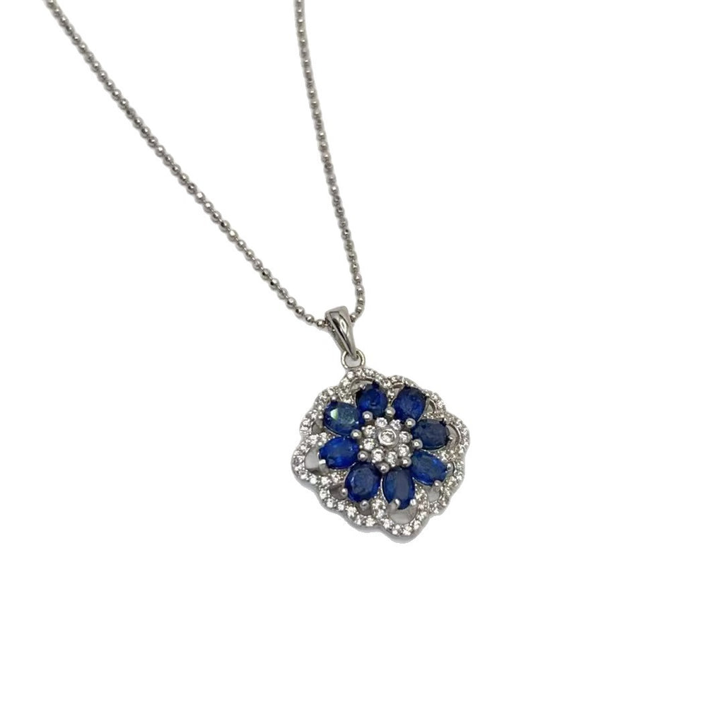Elegant Light Luxury Natural Burned Sapphire Pendant Women's Flower Shape Diamond S925 Silver Pendant