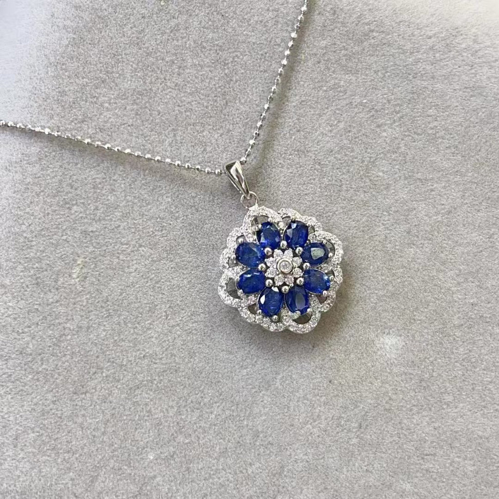 Elegant Light Luxury Natural Burned Sapphire Pendant Women's Flower Shape Diamond S925 Silver Pendant