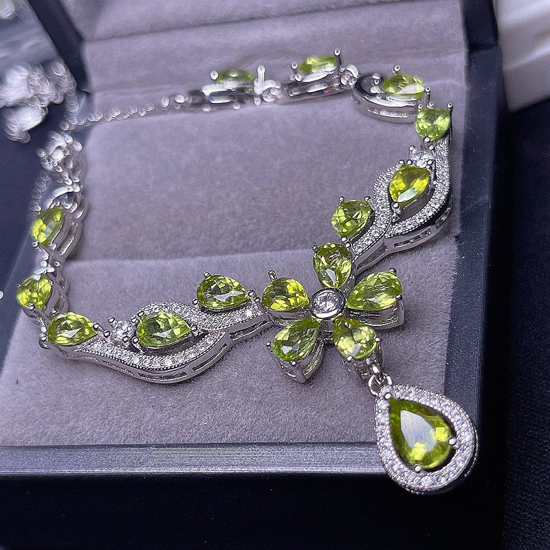 Natural Peridot 925 Silver Inlaid Peridot Chain Row Pendant Evening Chain Necklace