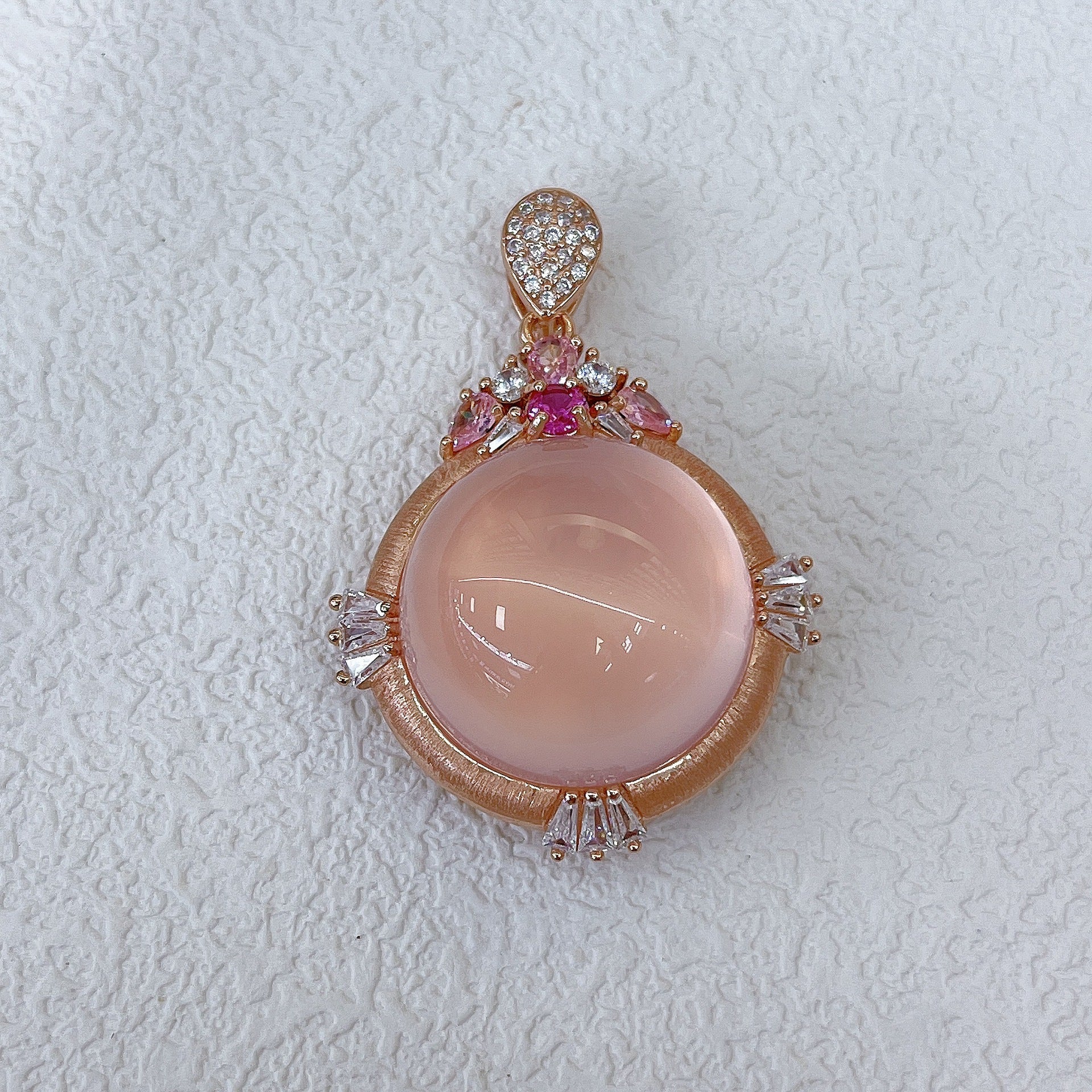 S925 Silver Platinum Plated Inlaid Main Stone 20mm Pink Quartz Hibiscus Stone Pendant