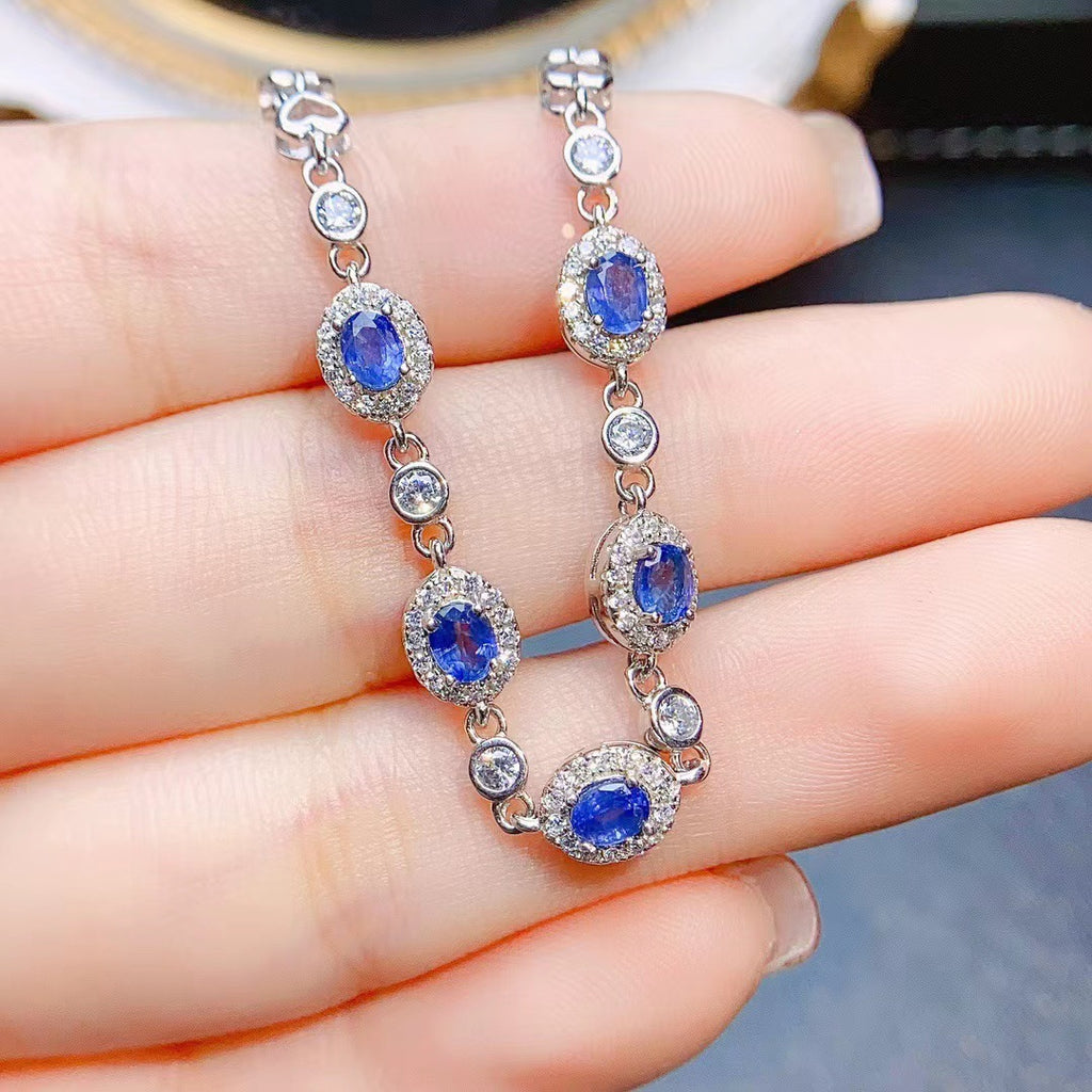 S925 sterling silver simulation sapphire 3*4mm oval drill adjustable bracelet