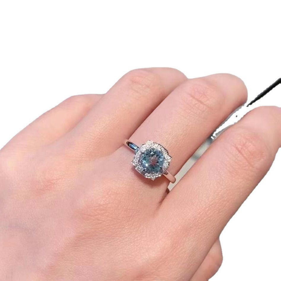 925 Silver Inlaid Natural Aquamarine Ring Necklace Two-Piece Set