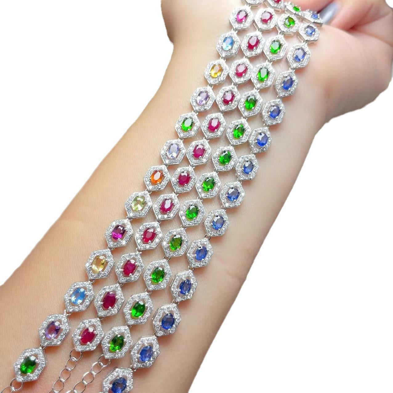 S925 Silver Inlaid Natural Crystal Topaz Garnet Women's Oval 3*4mm Bracelet