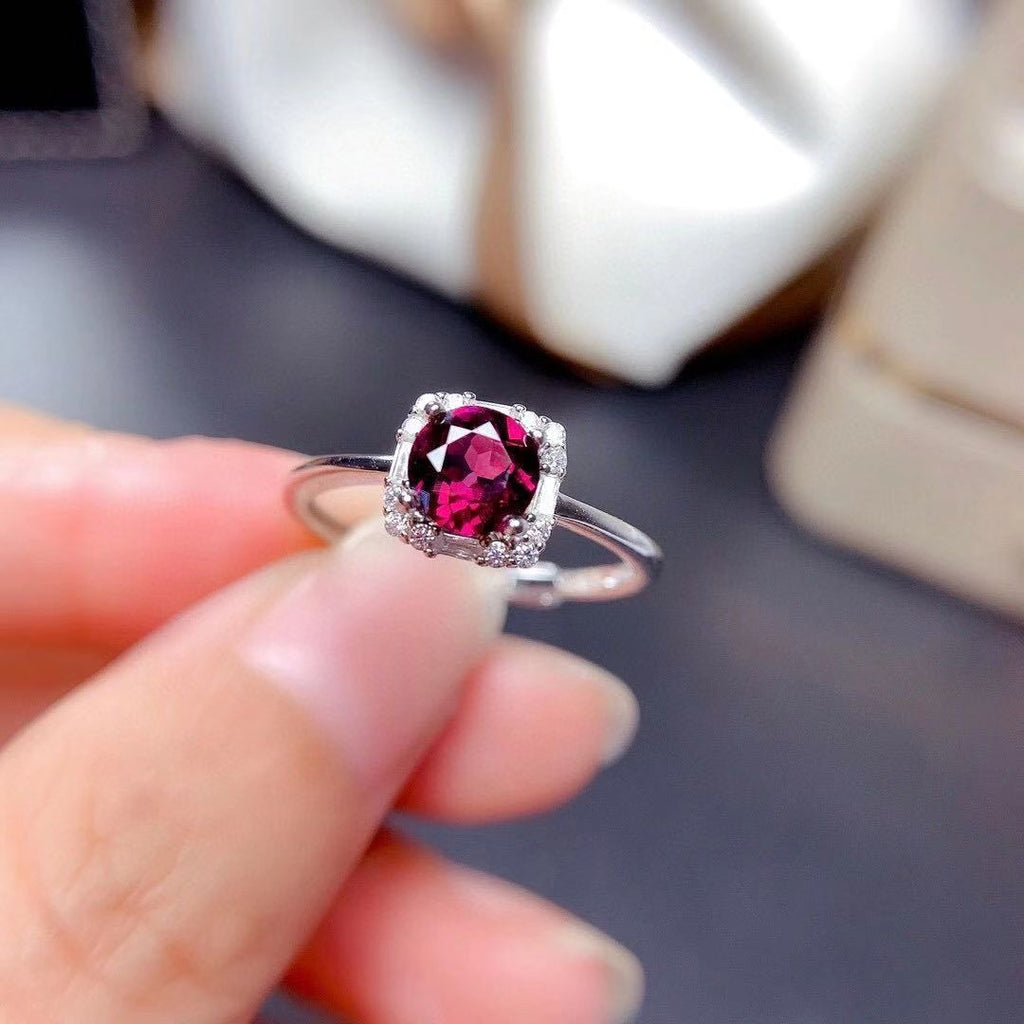 S925 Silver Inlaid Pendant Ring Earrings Natural Purple Tooth Black Garnet Set