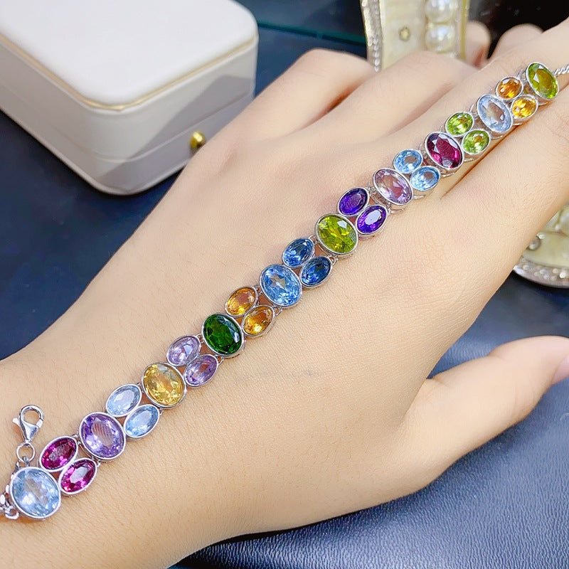 Colorful Gemstone Mixed Bracelet Natural Peridot Garnet Diopside Citrine Amethyst Topaz 925 Silver Bracelet