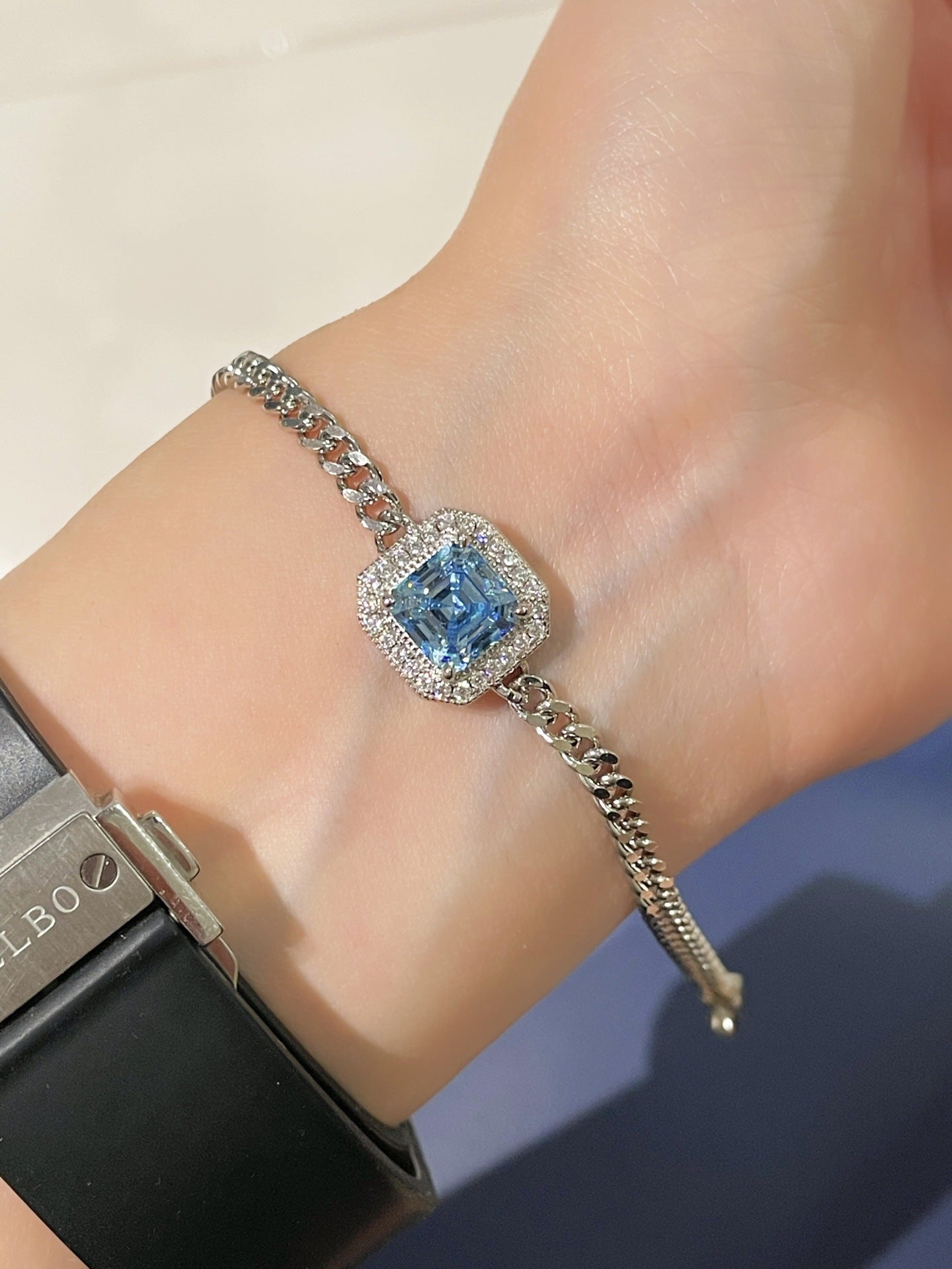 S925 Silver Electroplated 18K Gold Sugar Cube Sparkling Diamond Aquamarine Simple Bracelet