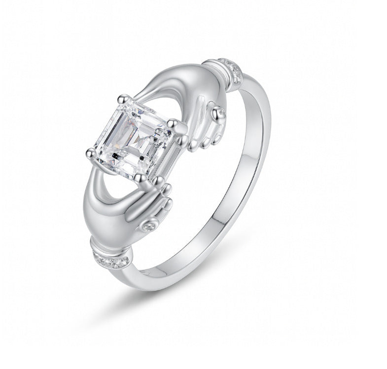 S925 Silver Double Hand Holding Square Moissanite Ring Independent Stand Hot Sale