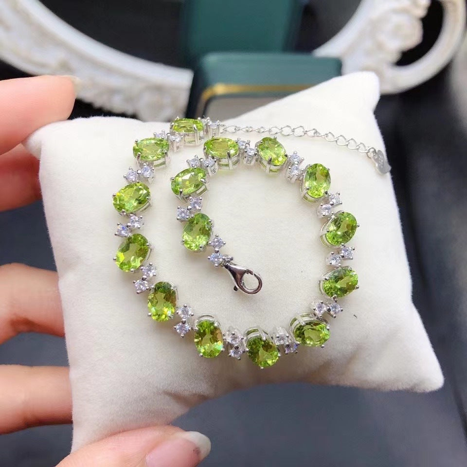 S925 Silver Inlaid Natural Peridot Oval 5*7 Size Bracelet