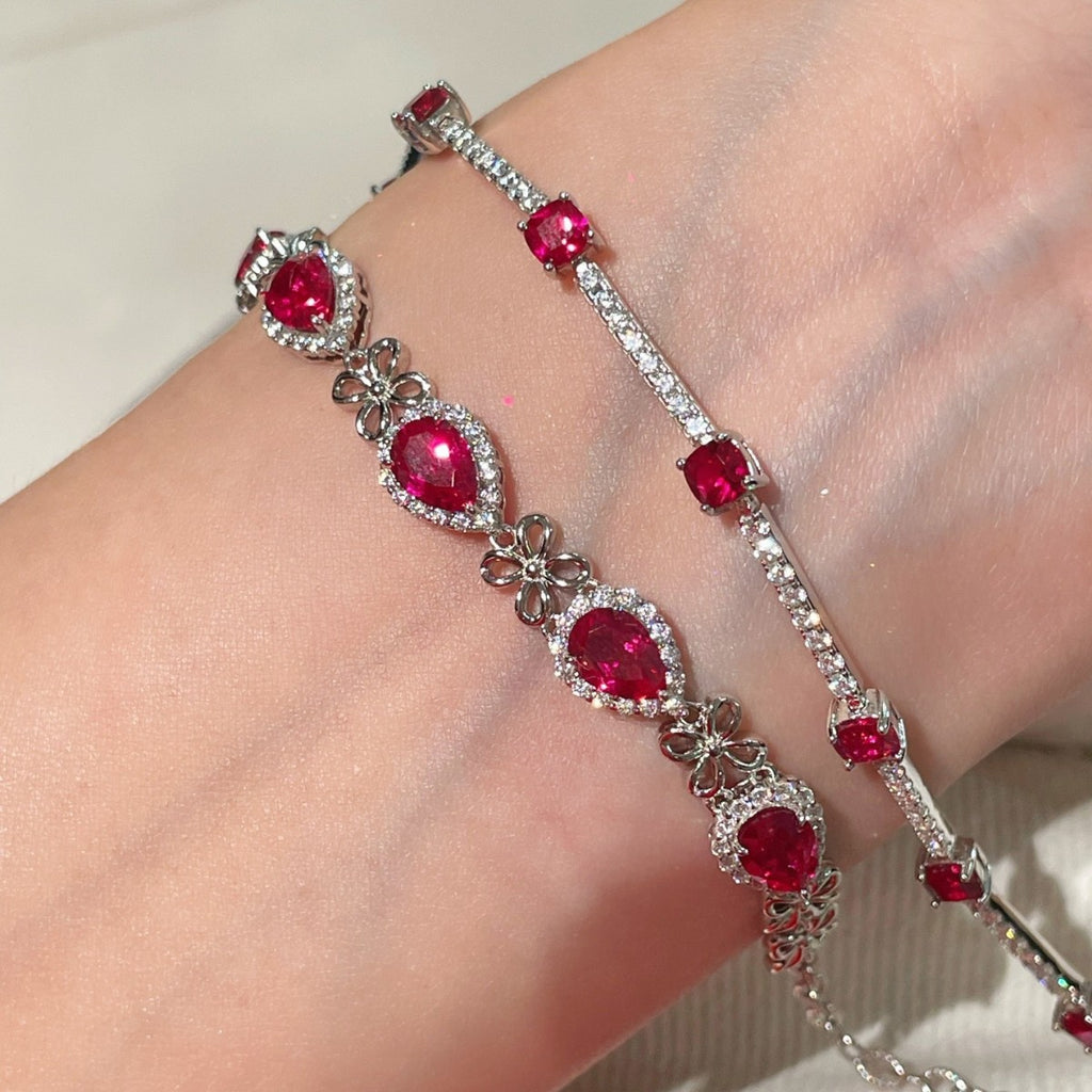 925 Silver Gold Plated Red Corundum Water Drop Flash Diamond Bracelet