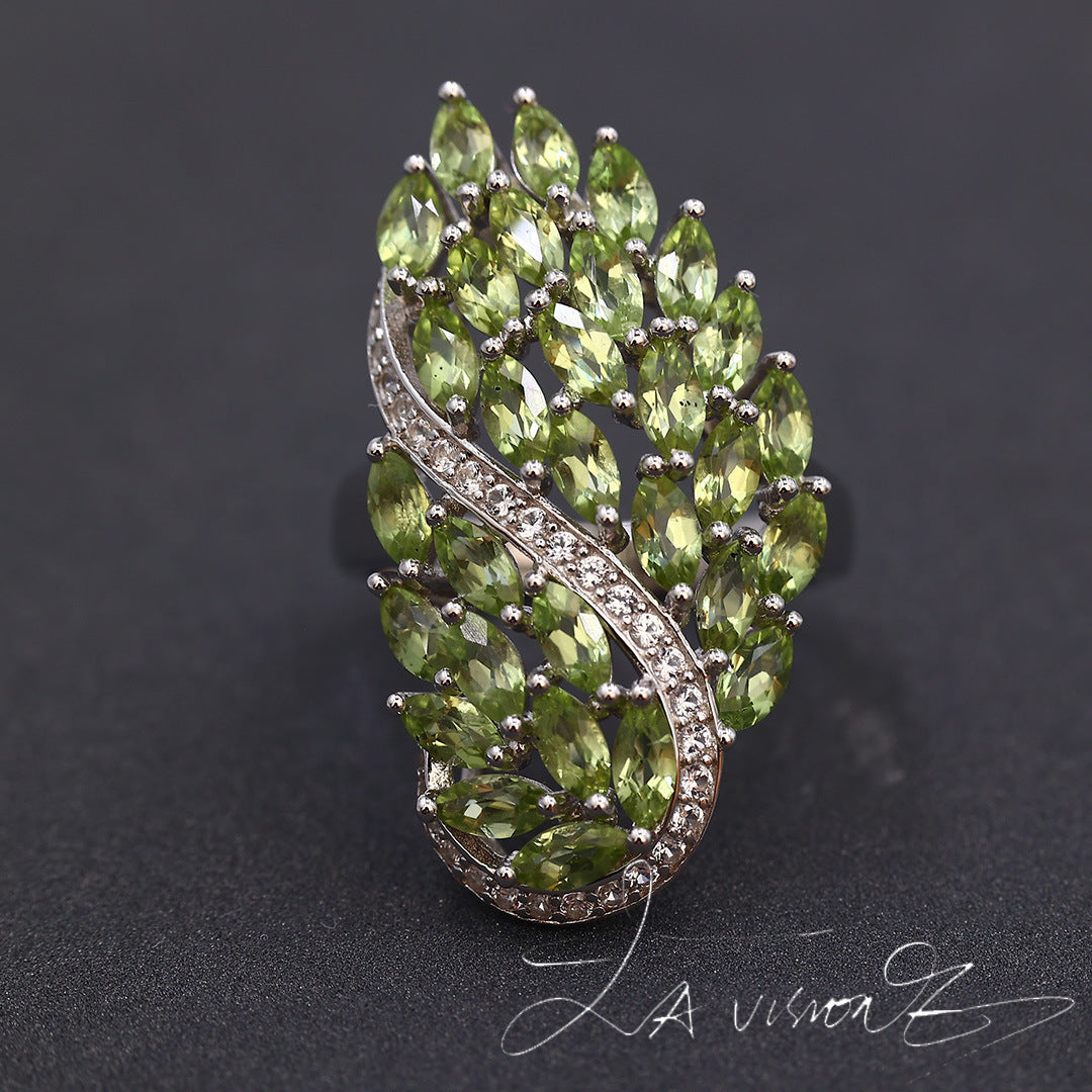 925 Silver Inlaid Natural Peridot Synthetic White Sapphire Ring