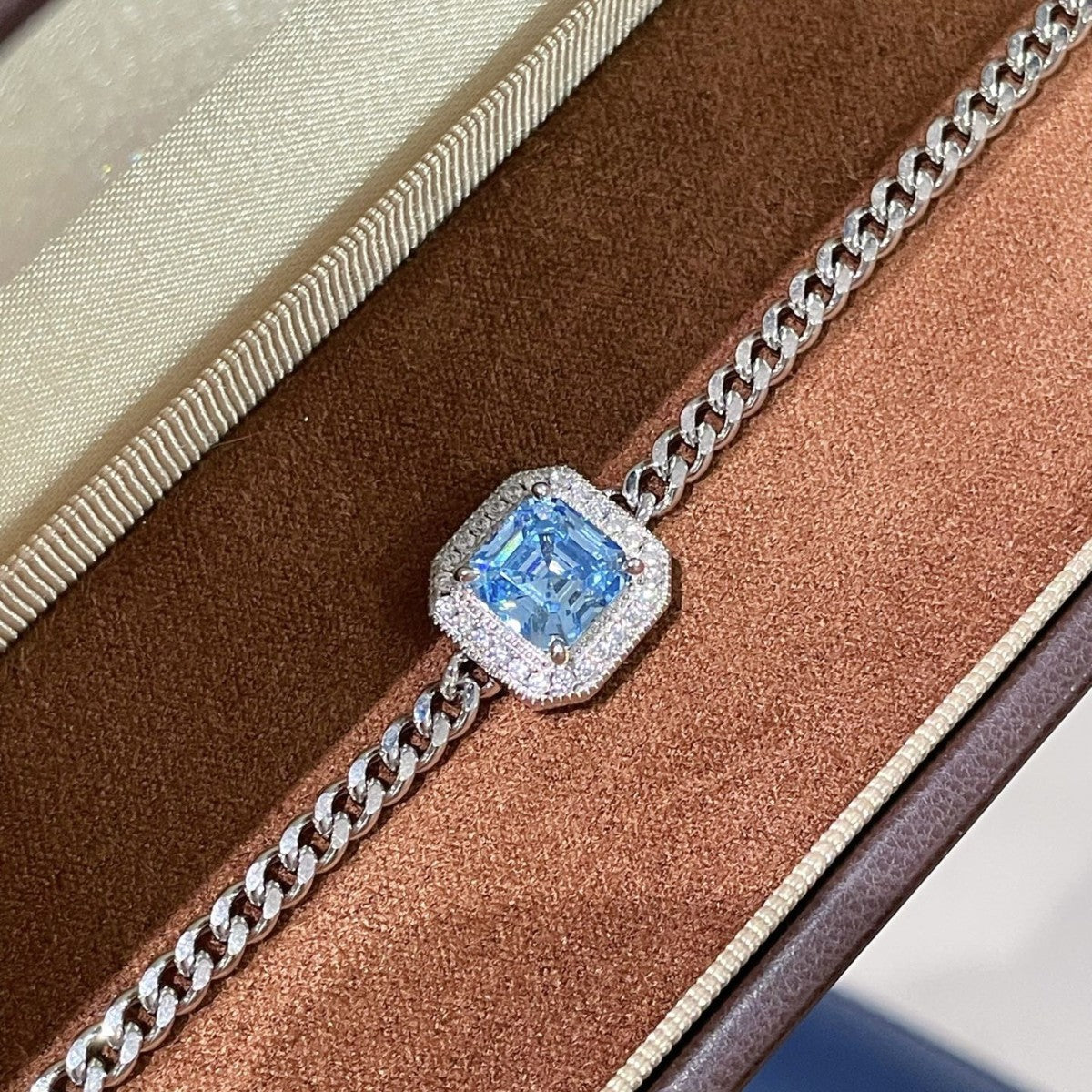 S925 Silver Electroplated 18K Gold Sugar Cube Sparkling Diamond Aquamarine Simple Bracelet