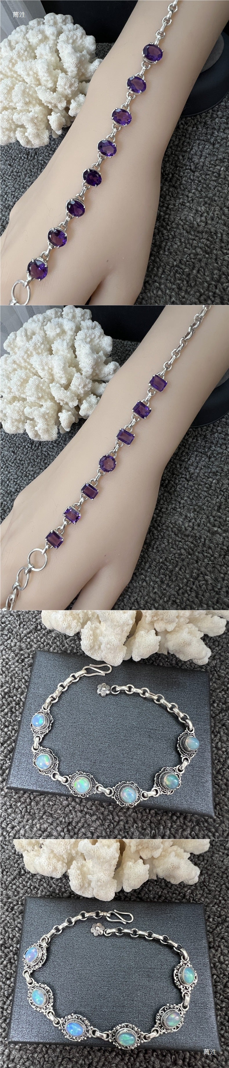 Nepal Handmade 925 Inlaid Yellow Crystal Ruby Amethyst Opal Stone Vintage Bracelet