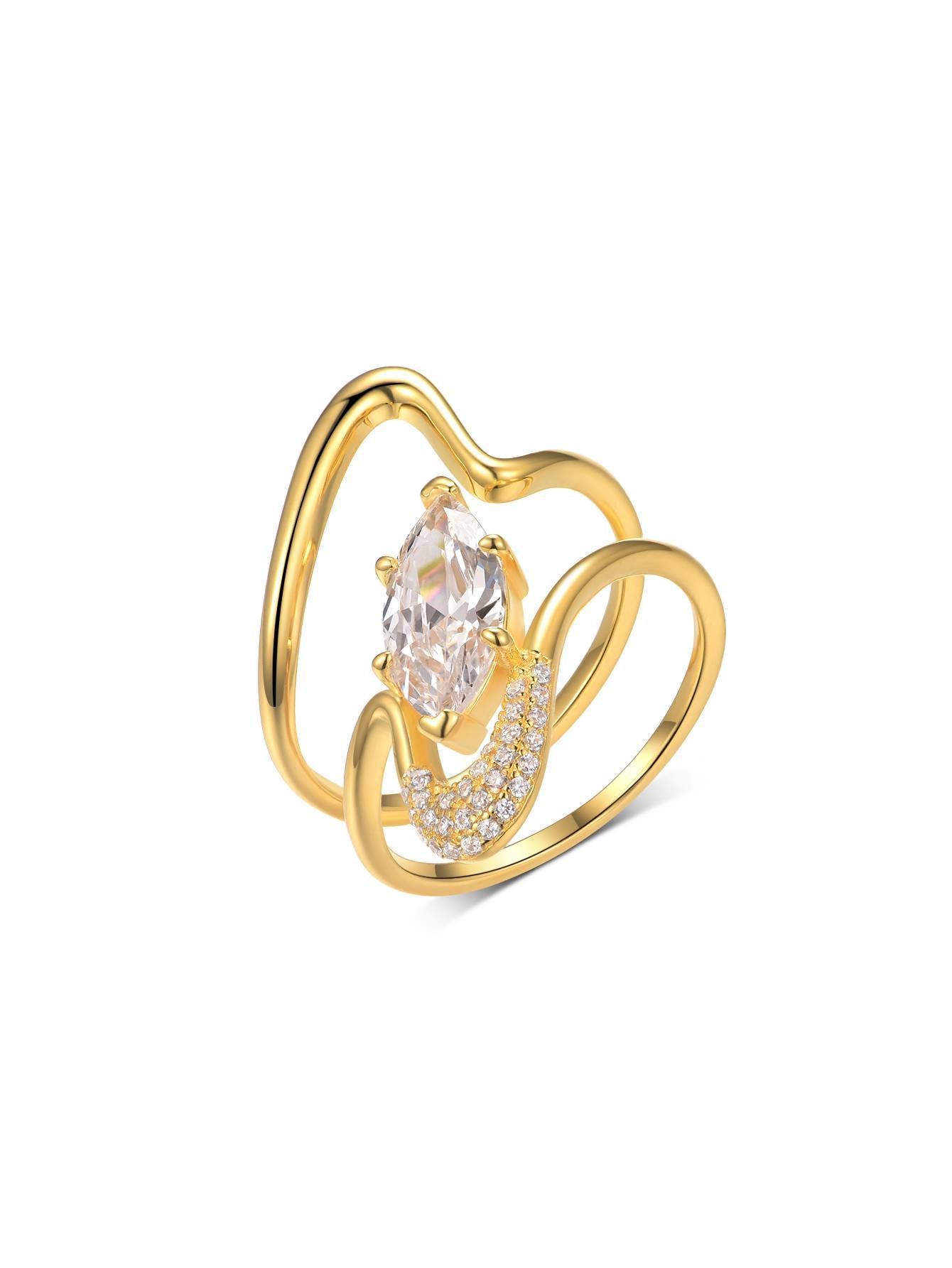 S925 Silver Stacked Moissanite Ring Horse Eye Main Stone Gold Hollow Curve Design Women's Hot-Selling Bestseller