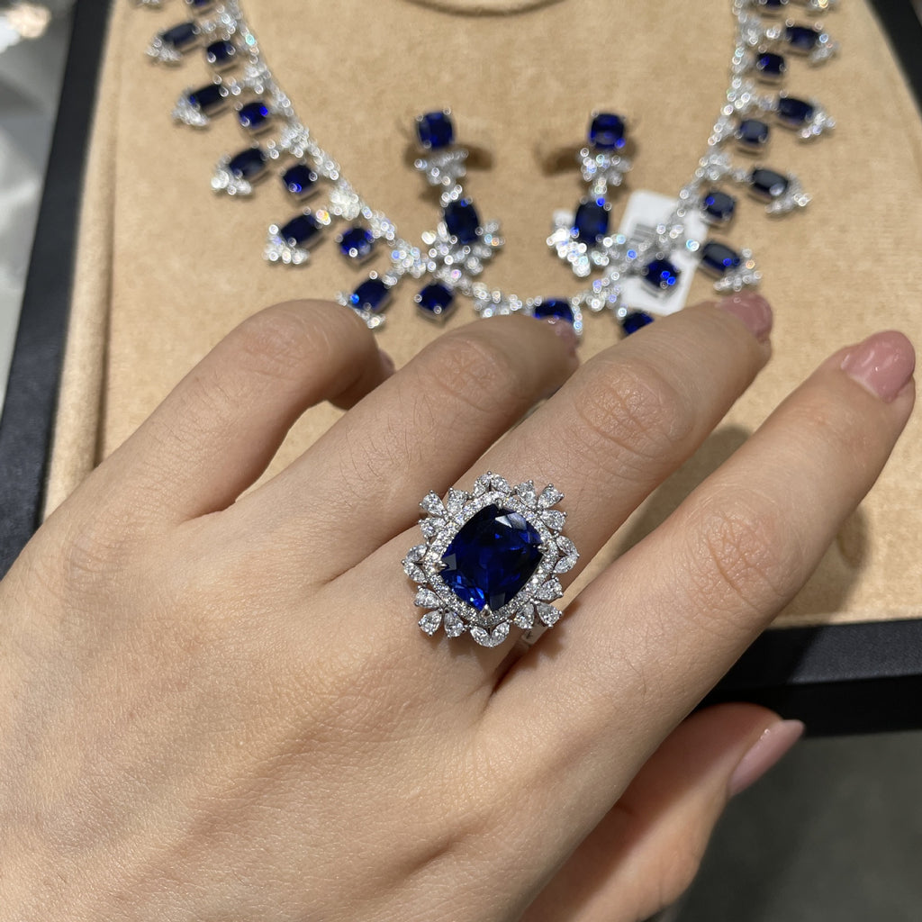 Elegant 5.5 Carat Cultivated Sapphire Pillow Shape Jewelry Set S925 Silver Ring