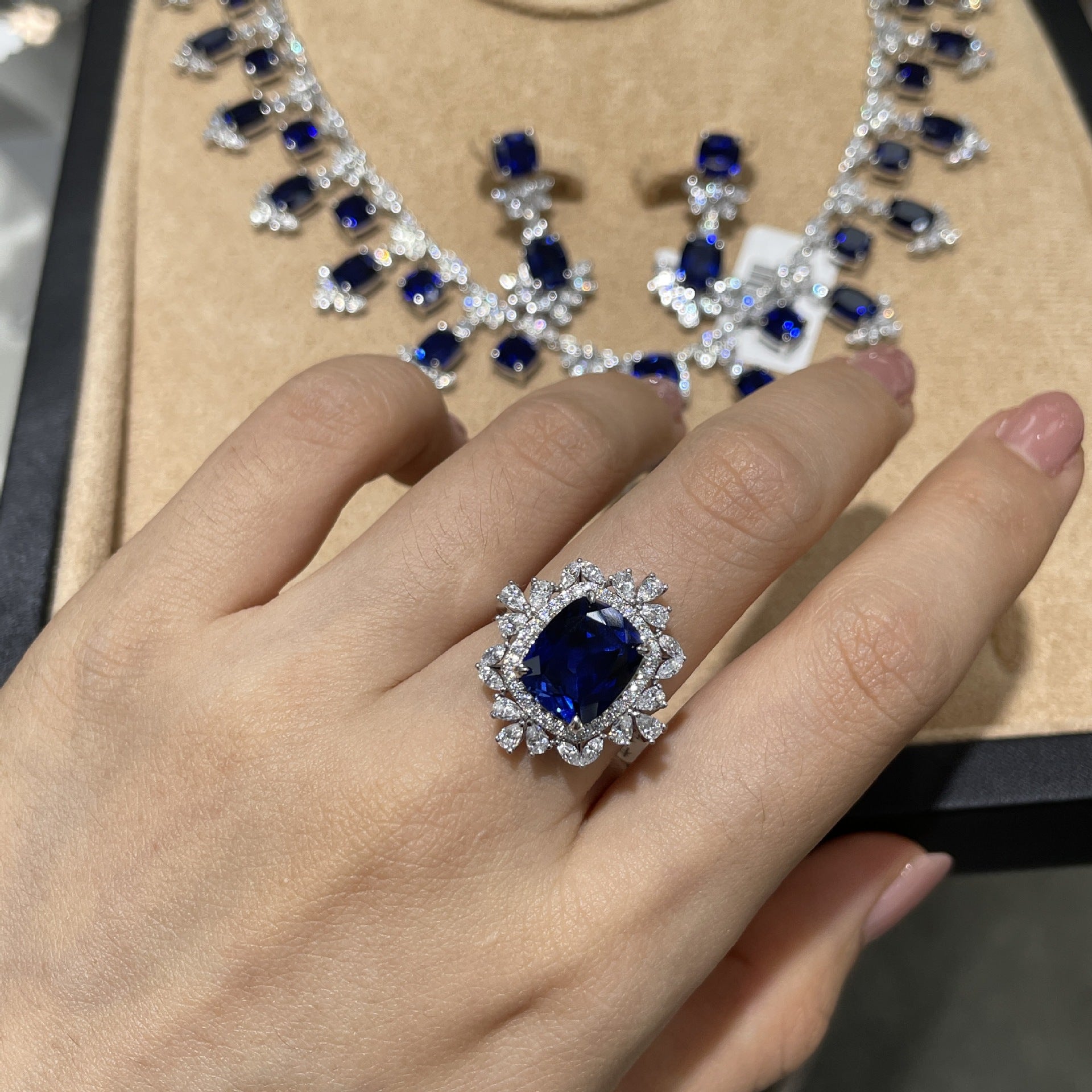 Elegant 5.5 Carat Cultivated Sapphire Pillow Shape Jewelry Set S925 Silver Ring