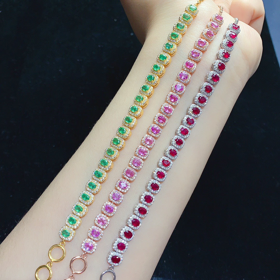 925 Sterling Silver Natural Ruby Emerald Pink Sapphire Bracelet