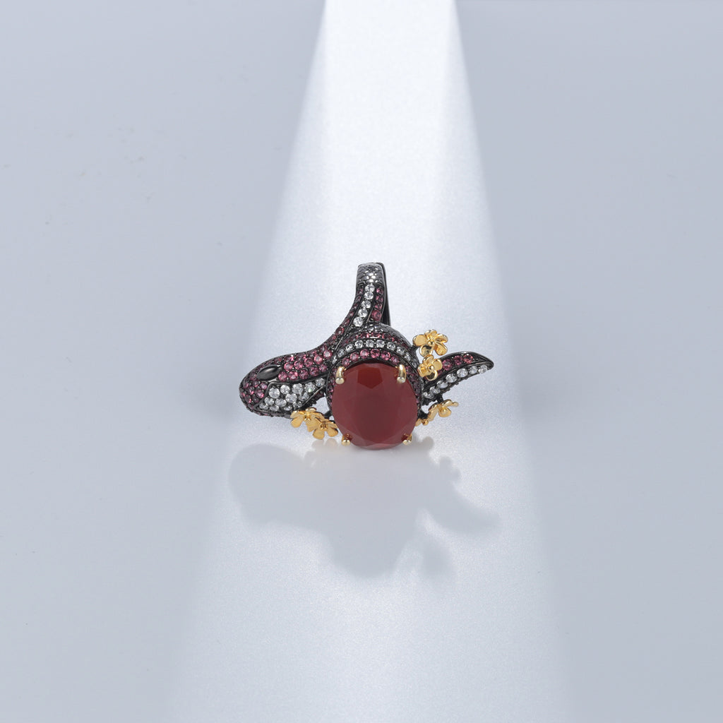 925 Silver Gemstone Inlaid Red Agate Flower Ring Jewelry Set