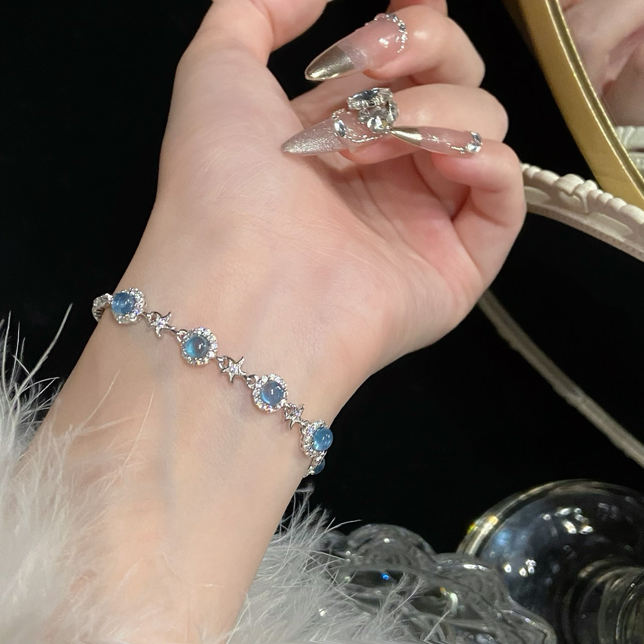 925 Sterling Silver Hand Jewelry Natural Aquamarine Bracelet