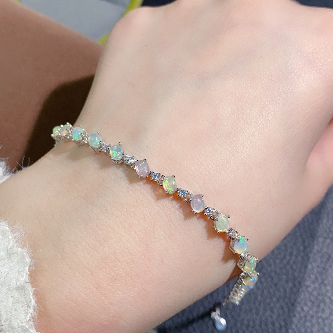 S925 Sterling Silver Natural Opal Bracelet for Women, Australian Opal 4x4mm, Vintage Classic Luxury Elegant Dinner Party Jewelry